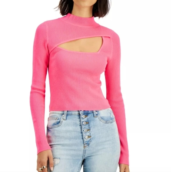 BAR III Neon Yellow Long Sleeve Mockneck Cutout Cropped Ribbed Top - Picture 2 of 11